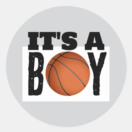 Het is een Jongen Basketbal Baby Shower Grijs Ronde Sticker (Voorkant)