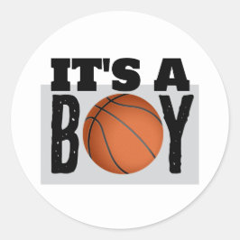 Het is een jongen basketbal baby shower wit ronde sticker