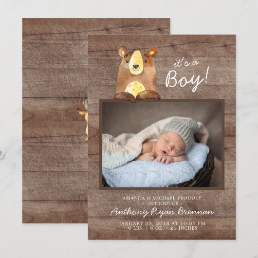 Het is een jongen! Beer jongensBaby Foto geboortea Aankondiging (Voorkant / Achterkant)