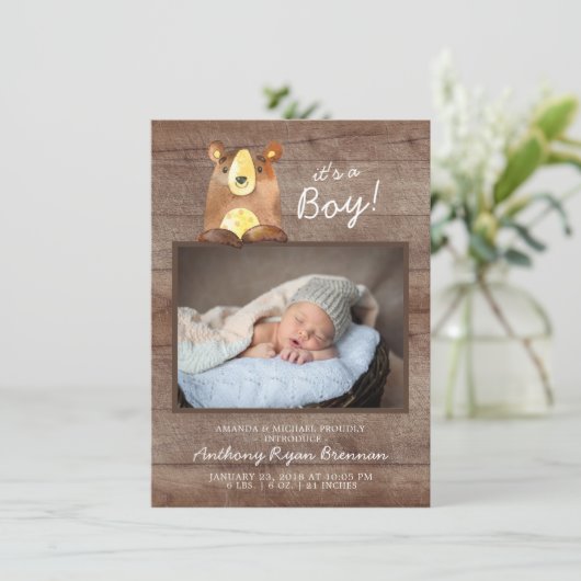 Het is een jongen! Beer jongensBaby Foto geboortea Aankondiging (Staand voorkant)