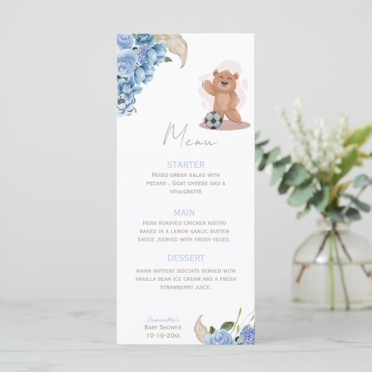Het is een jongen beer schattig blauw baby shower menu (Staand voorkant)
