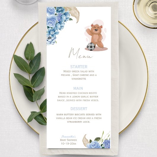 Het is een jongen beer schattig blauw baby shower menu