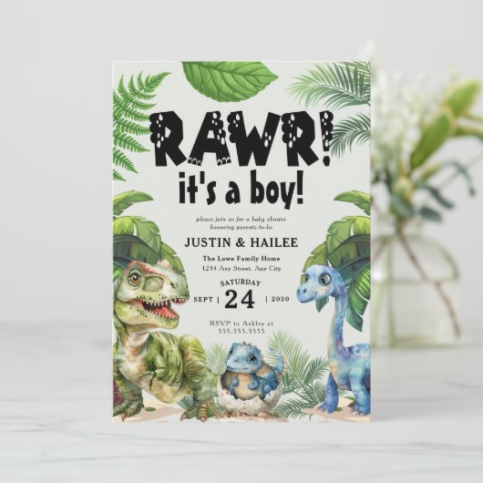 Het is een jongen bewerkbaar dinosaurus-Baby showe Kaart (Staand voorkant)