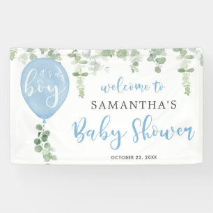 Het is een jongen blauw balloneucalyptusbaby showe spandoek