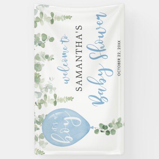 Het is een jongen blauw balloneucalyptusbaby showe spandoek (Verticaal)