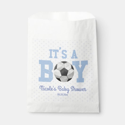 Het is een jongen! Blauw Voetbal Baby shower Bedankzakje (Voorkant)