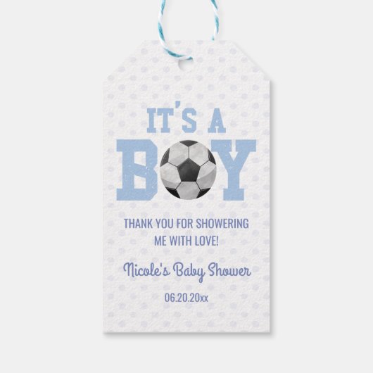 Het is een jongen! Blauw Voetbal Baby shower Cadeaulabel (Achterkant)