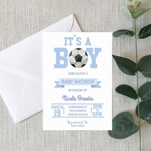 Het is een jongen! Blauw Voetbal Baby shower Kaart