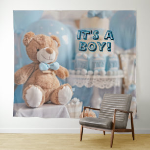 Het is een Jongen Blauwe Baby Shower Muur Achtergr Wandkleed