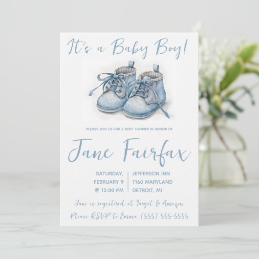 Het is een jongen!  Blauwe babyschoentjes baby sho Kaart (Staand voorkant)