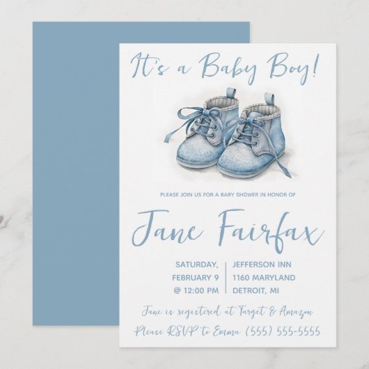 Het is een jongen!  Blauwe babyschoentjes baby sho Kaart (Voorkant / Achterkant)