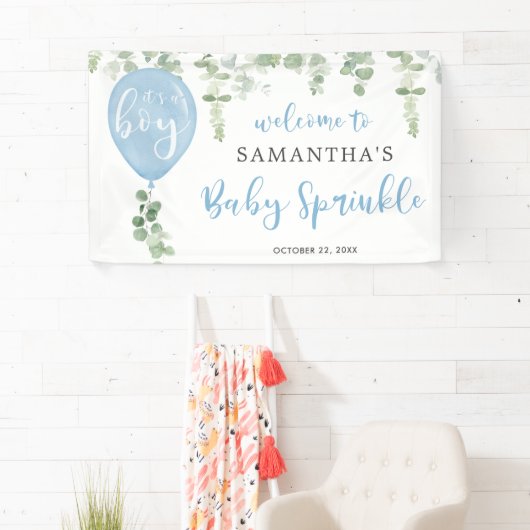 Het is een jongen blauwe ballon eucalyptus baby sp spandoek (Insitu)