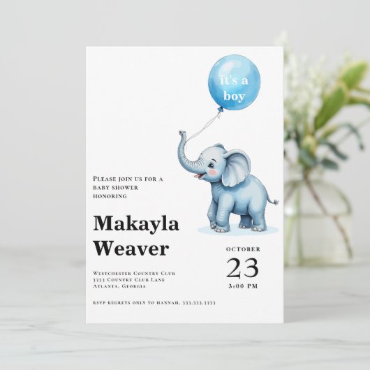 Het is een jongen blauwe ballon schattig olifant b kaart (Staand voorkant)