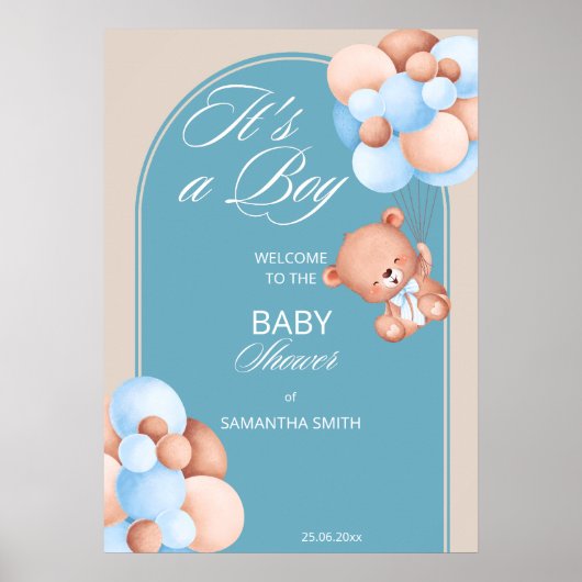 Het is een jongen blauwe beige ballon baby shower  poster (Voorkant)