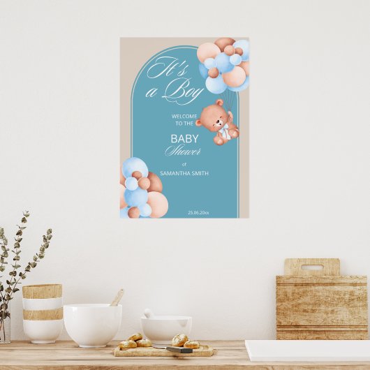 Het is een jongen blauwe beige ballon baby shower  poster (Keuken)