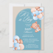 Het is een jongen blauwe beige ballonnen teddy-boo kaart (Voorkant)