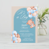 Het is een jongen blauwe beige ballonnen teddy-boo kaart (Staand voorkant)