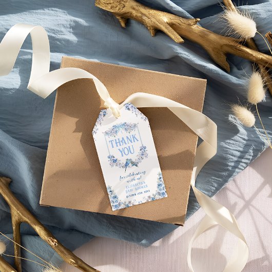 Het is een jongen blauwe bloemenkam dank je cadeaulabel