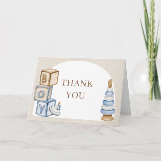 Het is een jongen blauwe boho blokken en speelgoed bedankkaart (Voorkant)
