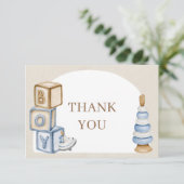 Het is een jongen blauwe boho blokken en speelgoed bedankkaart (Staand voorkant)