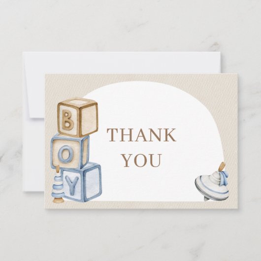 Het is een jongen blauwe boho blokken en speelgoed bedankkaart (Voorkant)