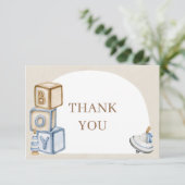 Het is een jongen blauwe boho blokken en speelgoed bedankkaart (Staand voorkant)