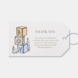 Het is een jongen blauwe boho blokken en speelgoed cadeaulabel