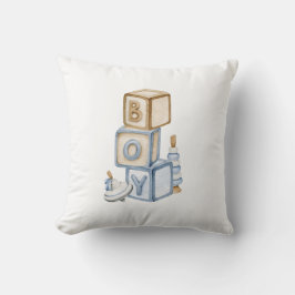 Het is een jongen blauwe boho houten blokken en sp kussen