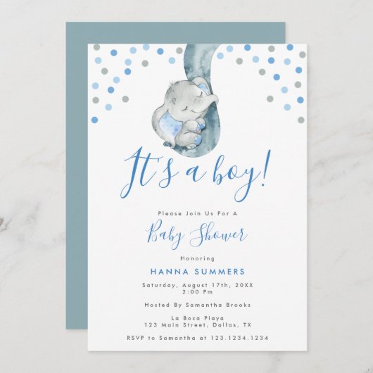 Het is een Jongen Blauwe Elephant Baby shower Uitn Kaart (Voorkant / Achterkant)