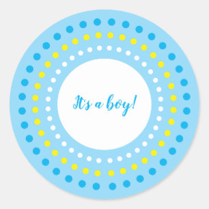 "Het is een jongen!" Blauwe en gele polka stippen Ronde Sticker