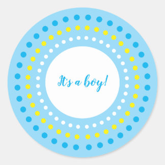 "Het is een jongen!" Blauwe en gele polka stippen Ronde Sticker