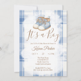 Het is een Jongen Blauwe Gingham Baby Shower Kaart