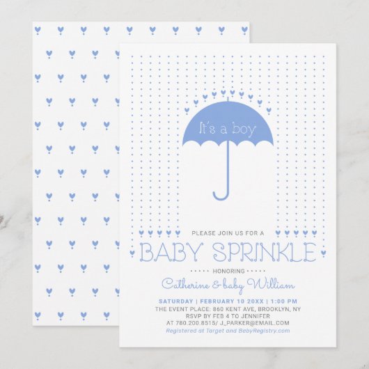 Het is een jongen | Blauwe harten en paraplu-Baby- Kaart (Voorkant / Achterkant)