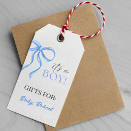 Het is een jongen blauwe lint cadeaulabel