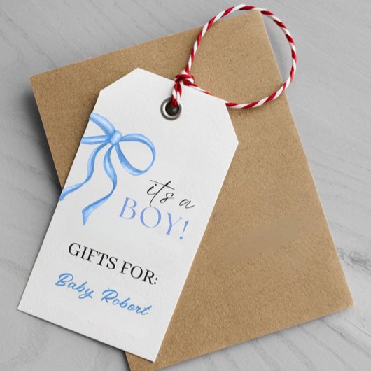 Het is een jongen blauwe lint cadeaulabel