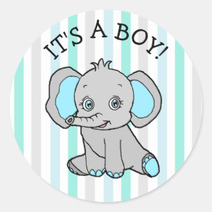 Het is een jongen, blauwe olifant, sterren, manen  ronde sticker