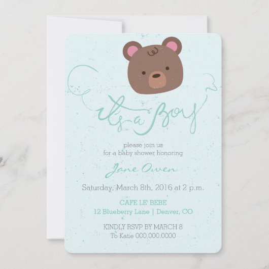 Het is een jongen blauwe teddy beer baby shower ui kaart (Voorkant)
