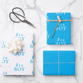 Het is een Jongen Blauwe Typografie Baby Jongen Ba Inpakpapier Vel