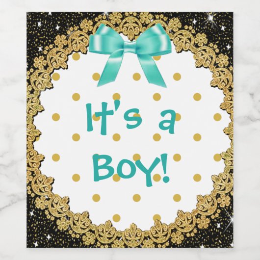 Het is een jongen blauwgroen en goud" Wijnflesetik Wijn Etiket (Enkel label)