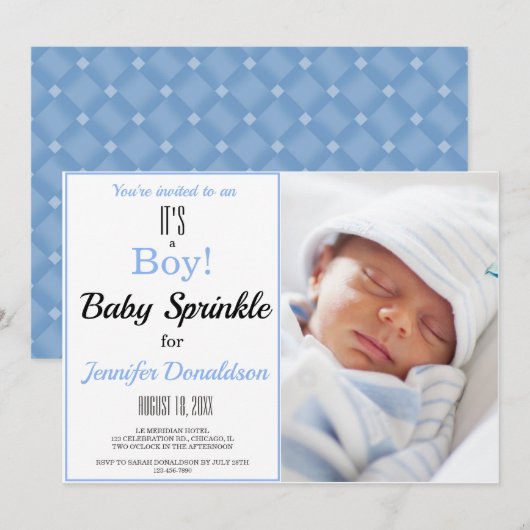 Het is een jongen! Blue Baby Sprinkle Photo Invita Kaart (Voorkant / Achterkant)