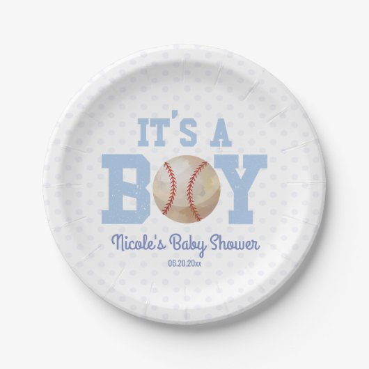 Het is een jongen! Blue Baseball Baby shower Papieren Bordje (Voorkant)
