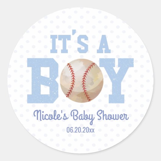 Het is een jongen! Blue Baseball Baby shower Party Ronde Sticker (Voorkant)