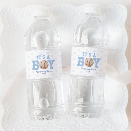Het is een jongen! Blue Baseball Baby shower Waterfles Etiket