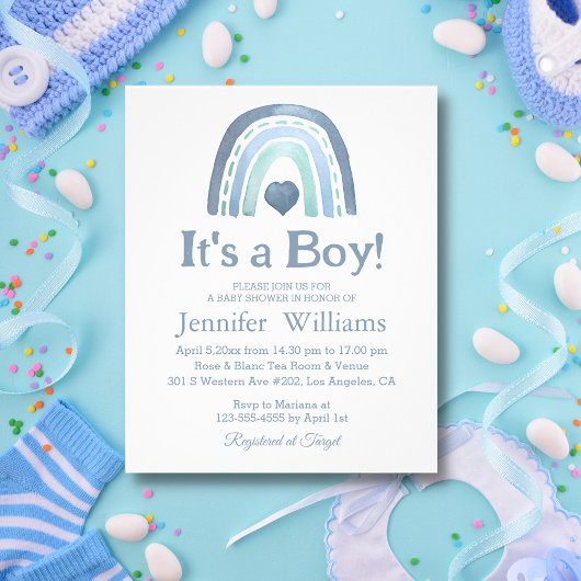 het is een jongen , blue boho baby shower nodigt f flyer