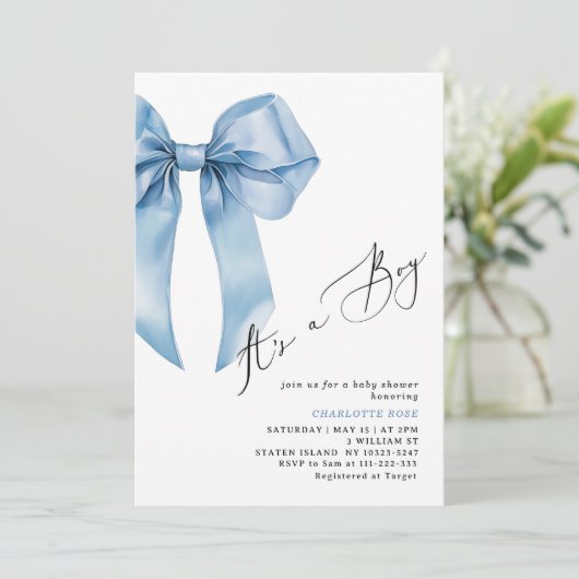 Het is een jongen Blue Bow Elegant Baby shower Kaart (Staand voorkant)