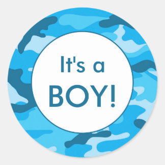 Het is een JONGEN! Blue camo bekendmaking gunst st Ronde Sticker