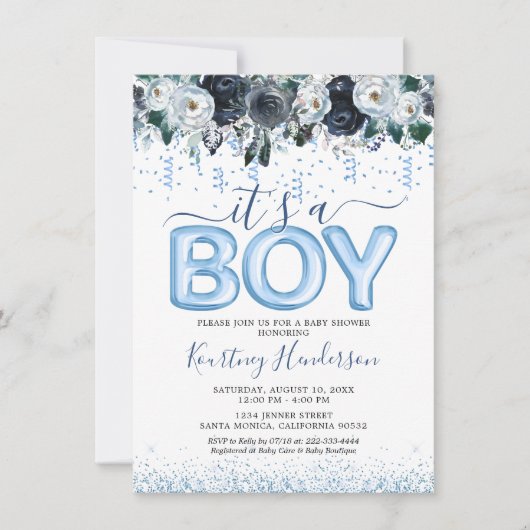 Het is een Jongen Blue Floral Baby shower uitnodig Kaart (Voorkant)
