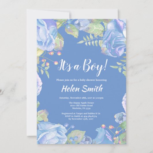Het is een Jongen Blue Floral Baby shower uitnodig Kaart (Voorkant)
