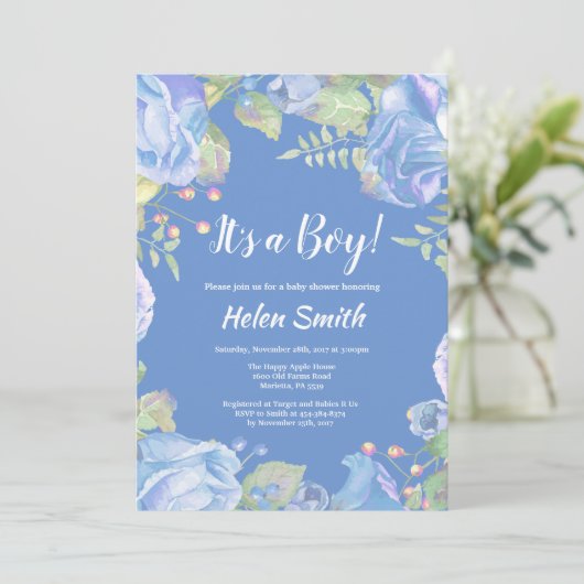 Het is een Jongen Blue Floral Baby shower uitnodig Kaart (Staand voorkant)