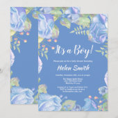 Het is een Jongen Blue Floral Baby shower uitnodig Kaart (Voorkant / Achterkant)